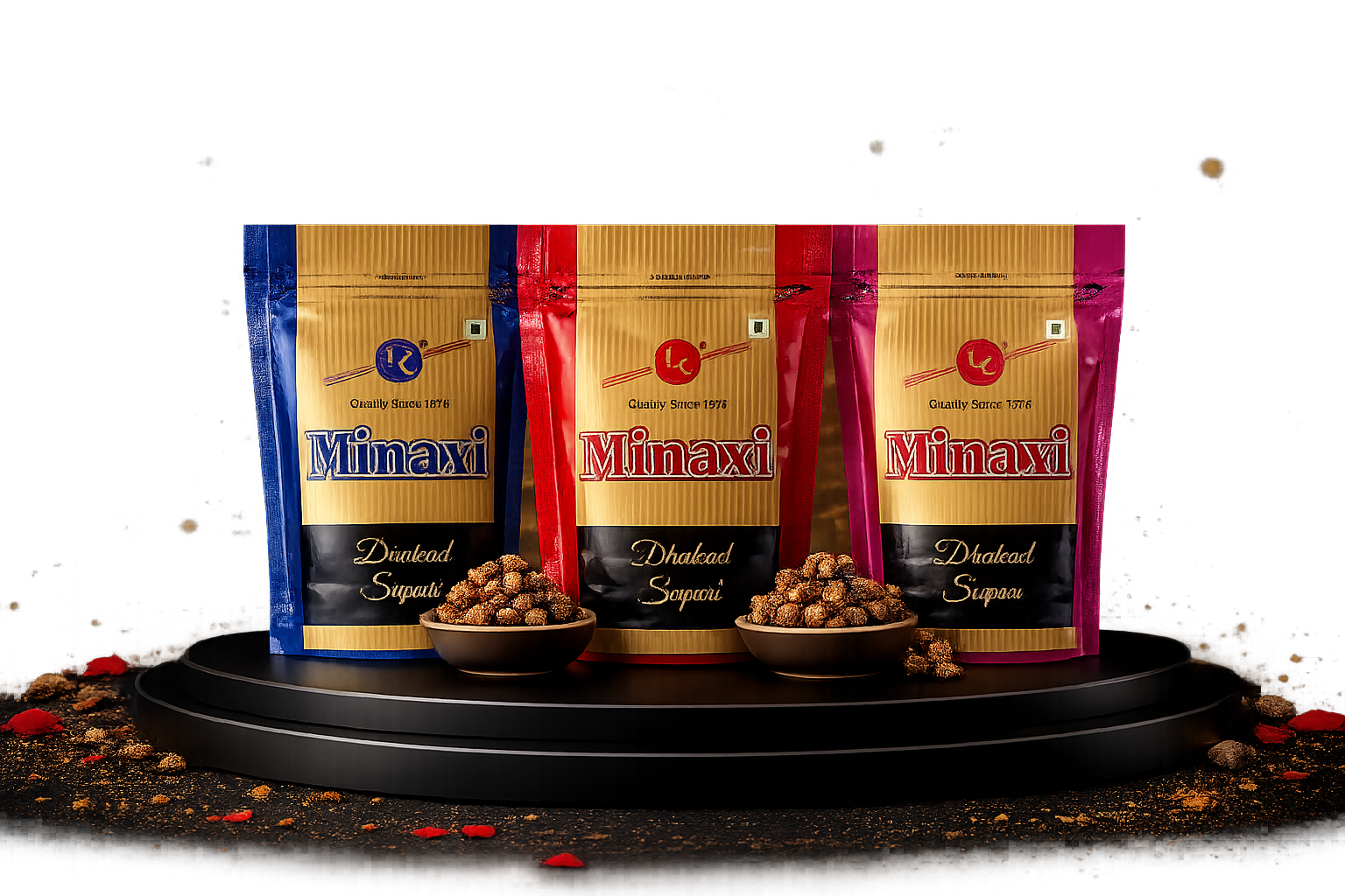 Minaxi Gold, Dollar and Dhakad Supari packets displayed on a showcase pedestal
